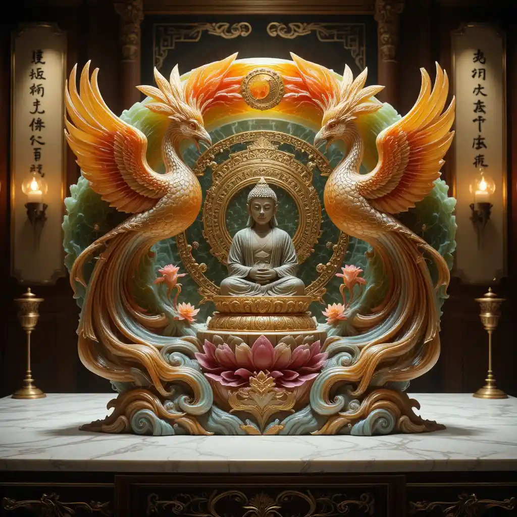 Impressionist Agate Phoenixes Encircling Buddha Sculpture