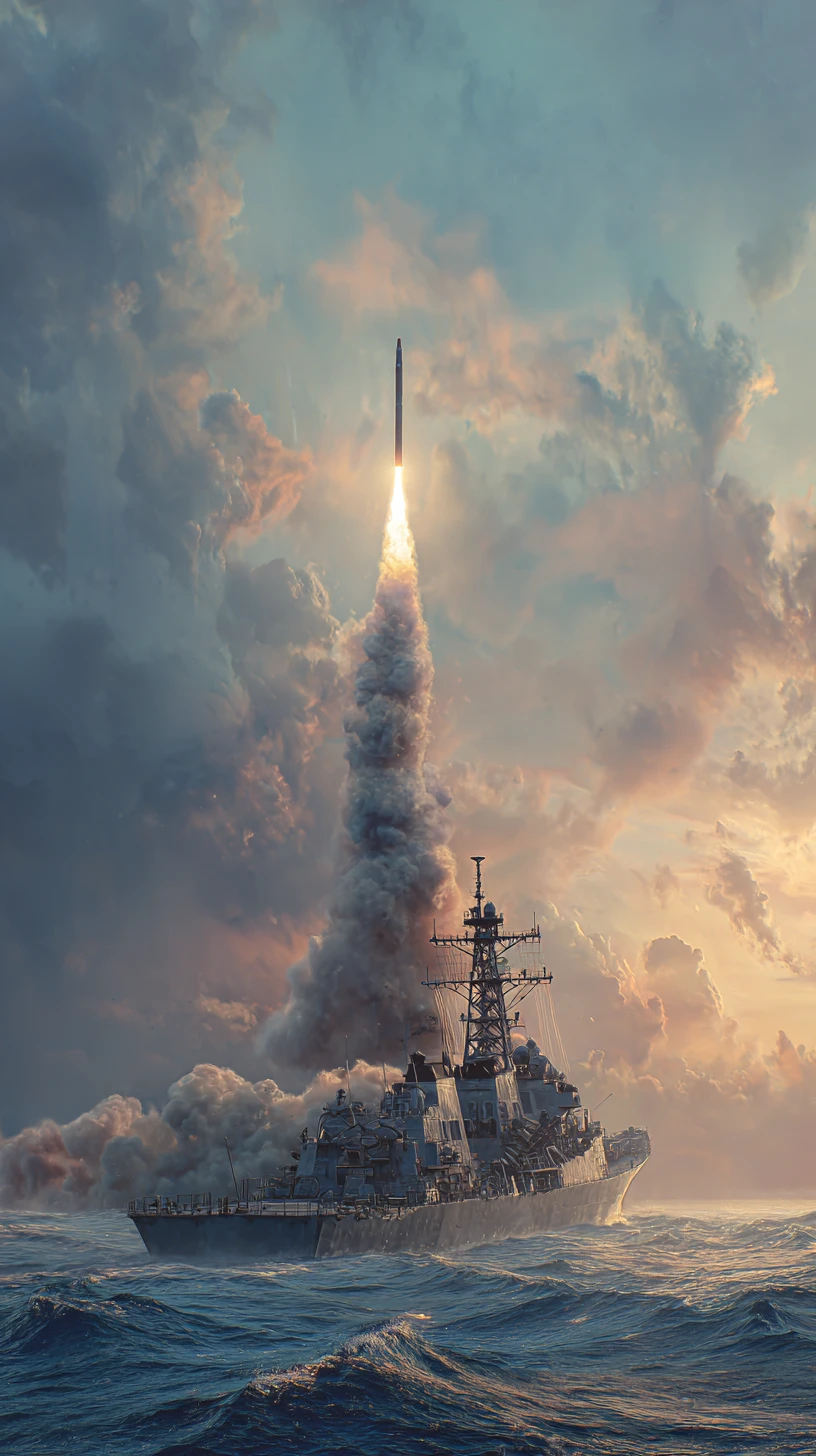 Cinematic scene of missiles launching in a tense battlefield