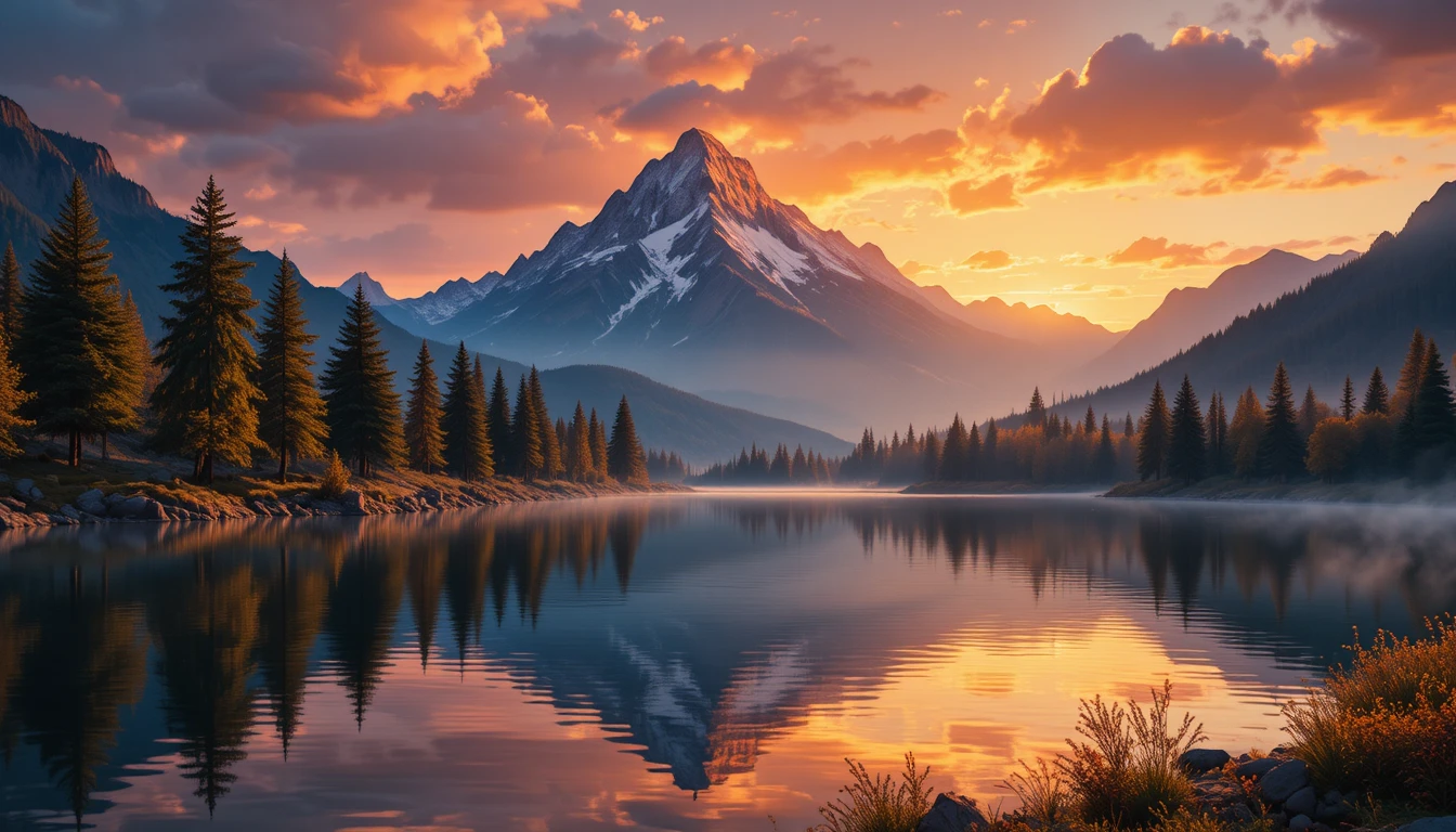 Montanha majestosa refletida em um tranquilo lago dourado ao pôr do sol