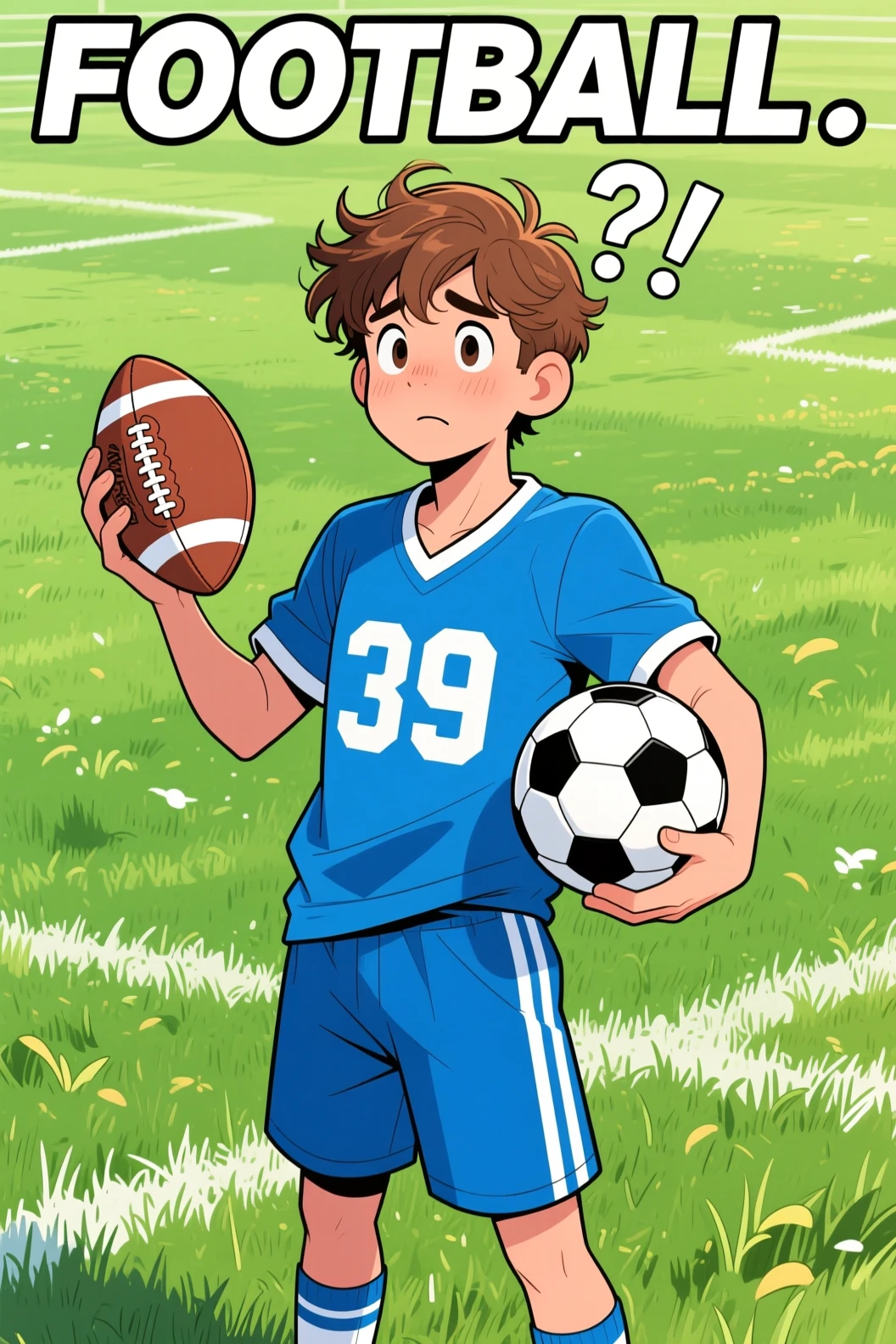Confused young man holding football and soccer ball outdoors