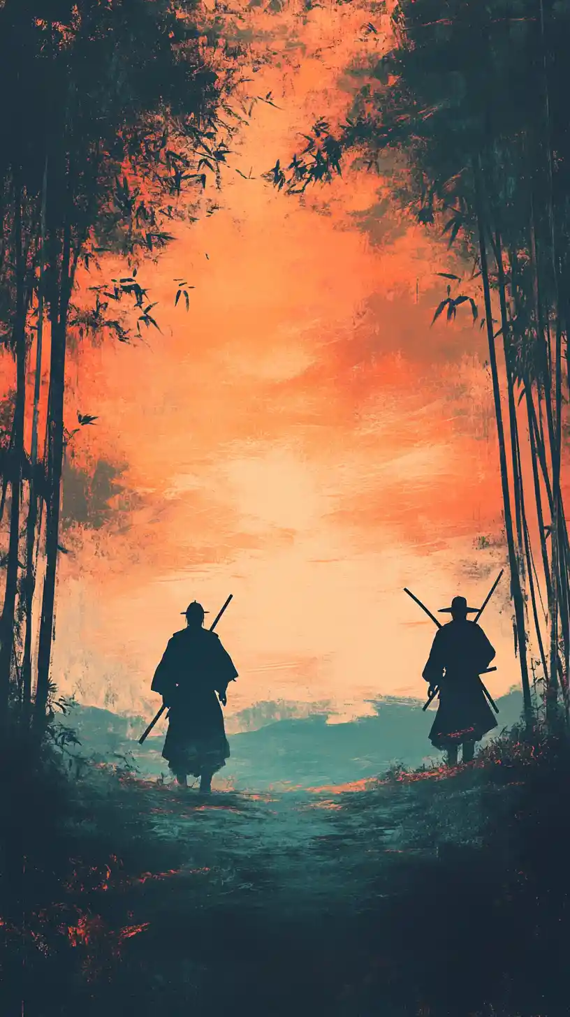 Due samurai che camminano in un boschetto di bambù al crepuscolo