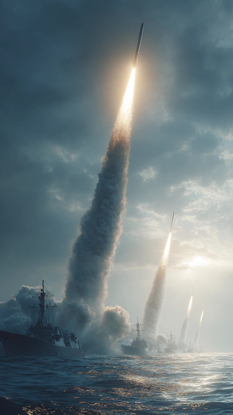 Multiple missiles launched in a dramatic battlefield sky