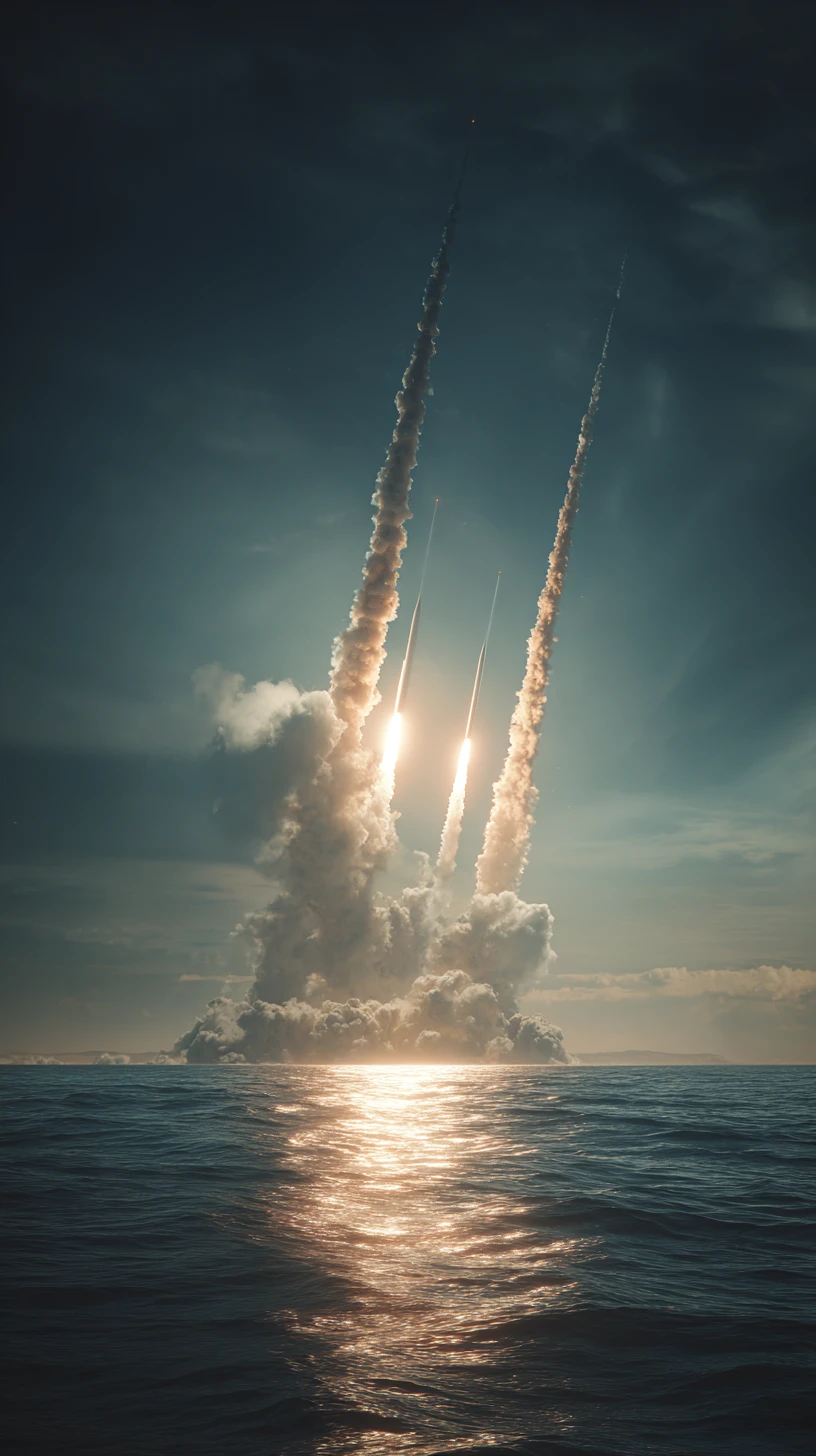 Cinematic scene of multiple missiles launched into the night sky
