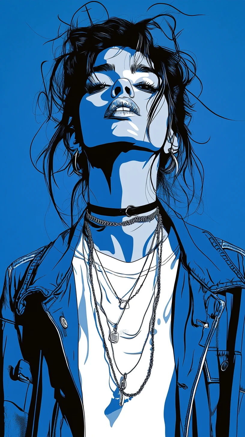 Portrait de femme élégante sur fond graphique bleu électrique vif