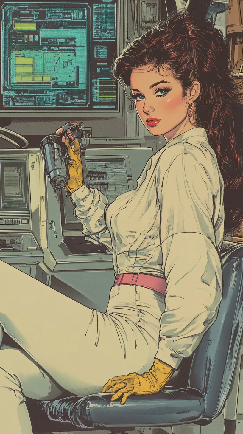 Belle Italienne façon bande dessinée dans un laboratoire rétro-futuriste