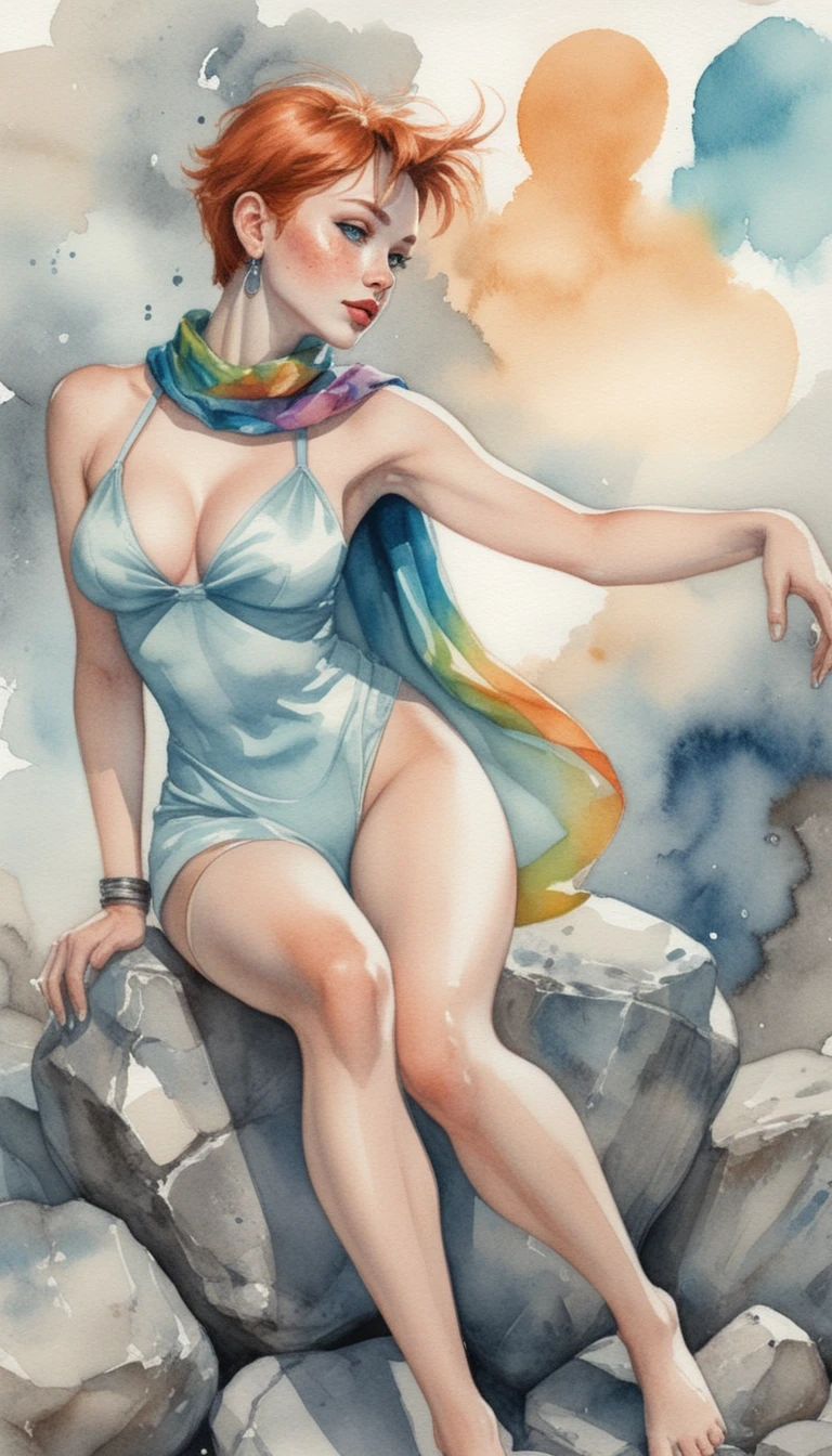 Fantasy girl on stone rocks with flowing rainbow scarf