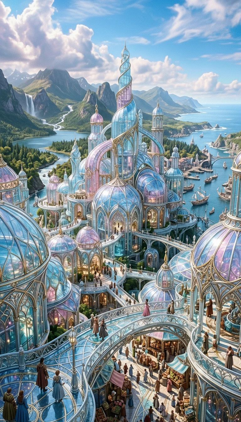 Transparente Glas‑Fantasy‑Stadt im hellen Tageslicht