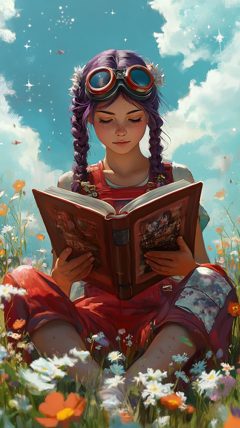 Mädchen liest ein Buch auf einer verspielten Blumenwiese