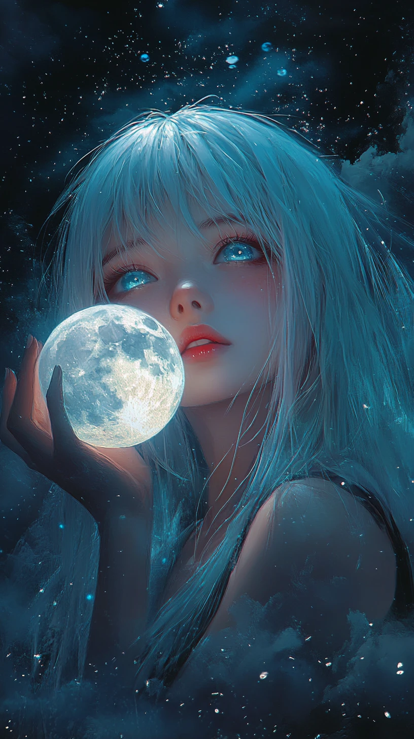 Anime girl holding a glowing moon in dark sky