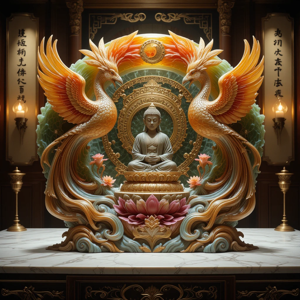 Impressionist Agate Phoenixes Encircling Buddha Sculpture