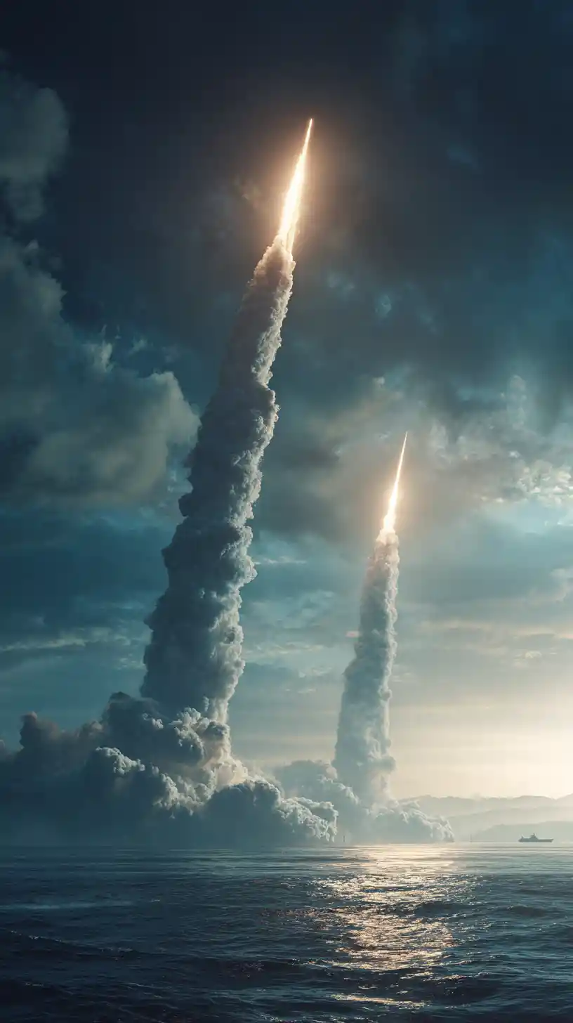 Multiple missiles rising over a war torn battlefield