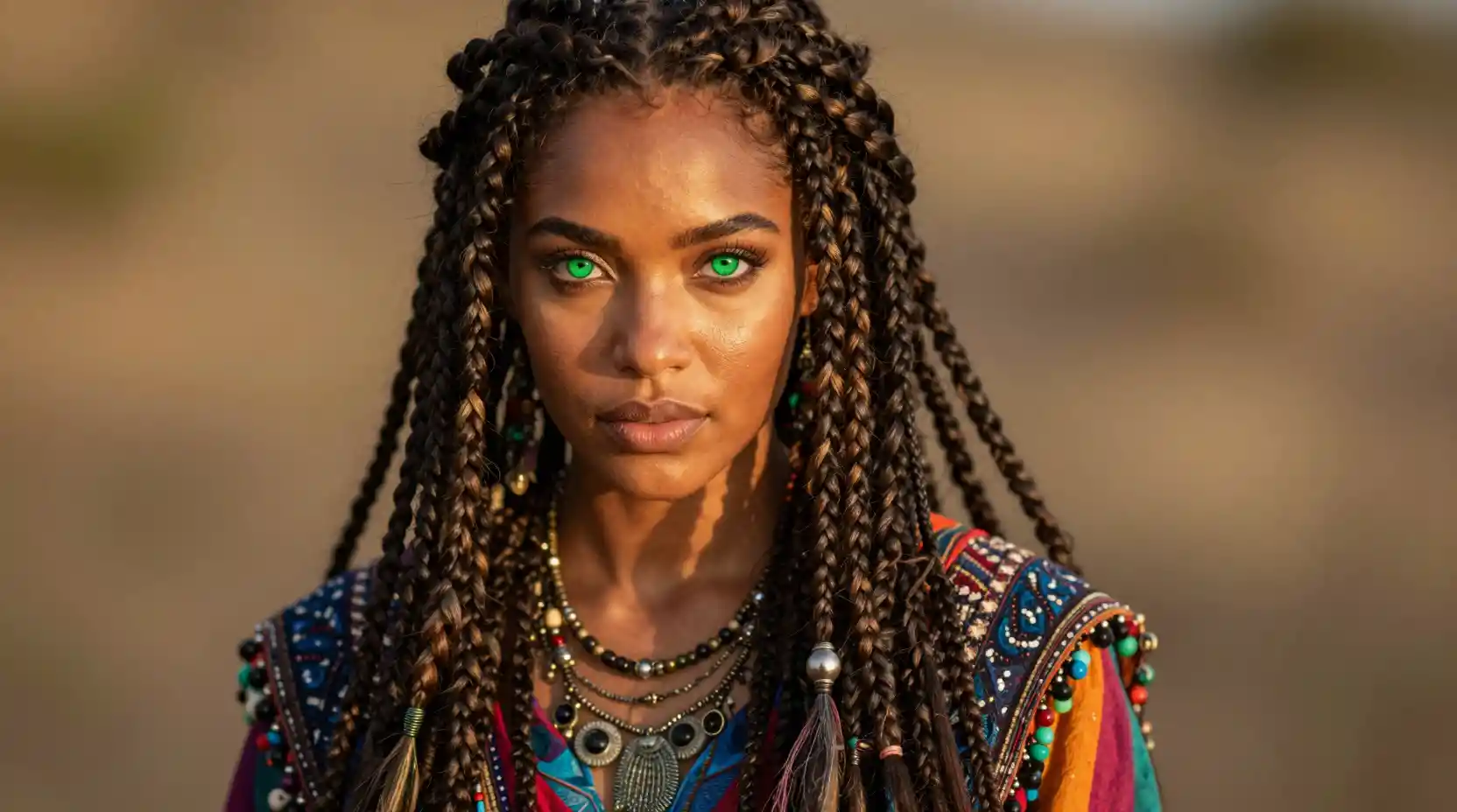 Bohemian woman with luminous green eyes and braids