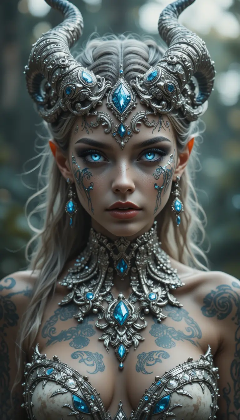 Cinematic close up of a polished silver female demon