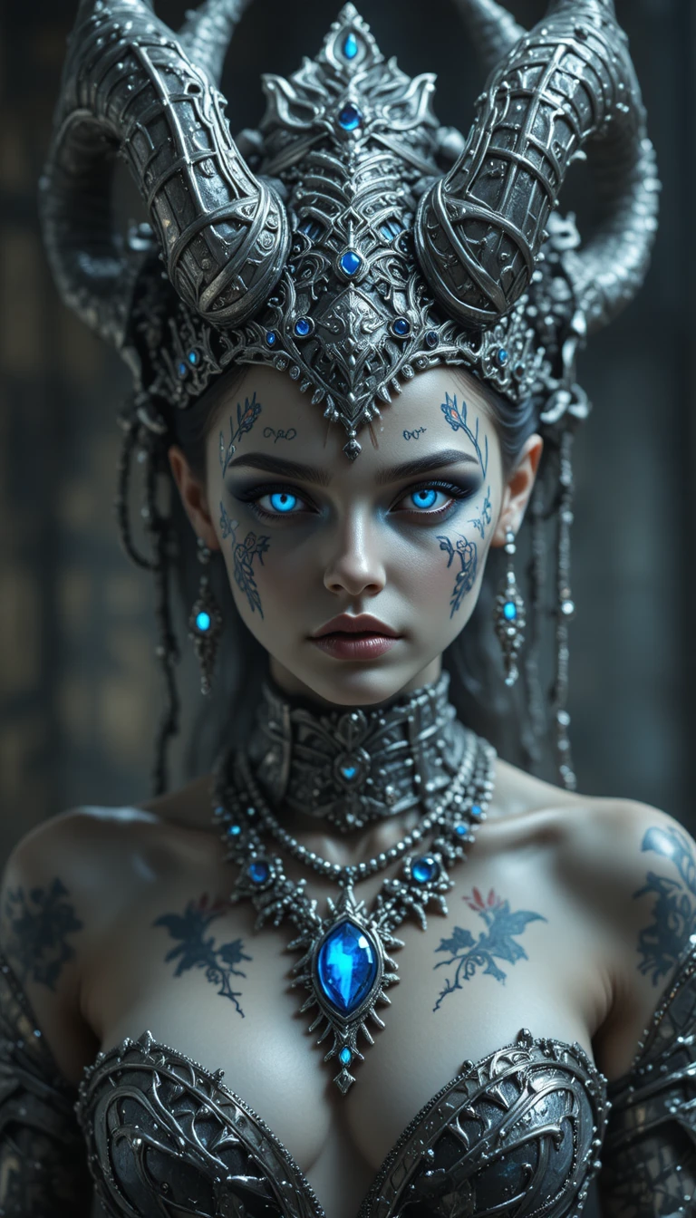 Cinematic portrait of a chromium and ivory female demon
