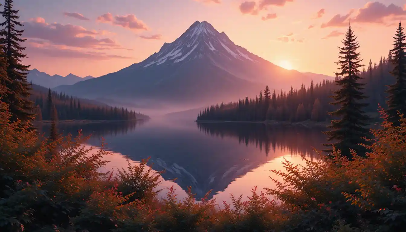 Paisagem de lago na montanha ao pôr do sol com céu brilhante