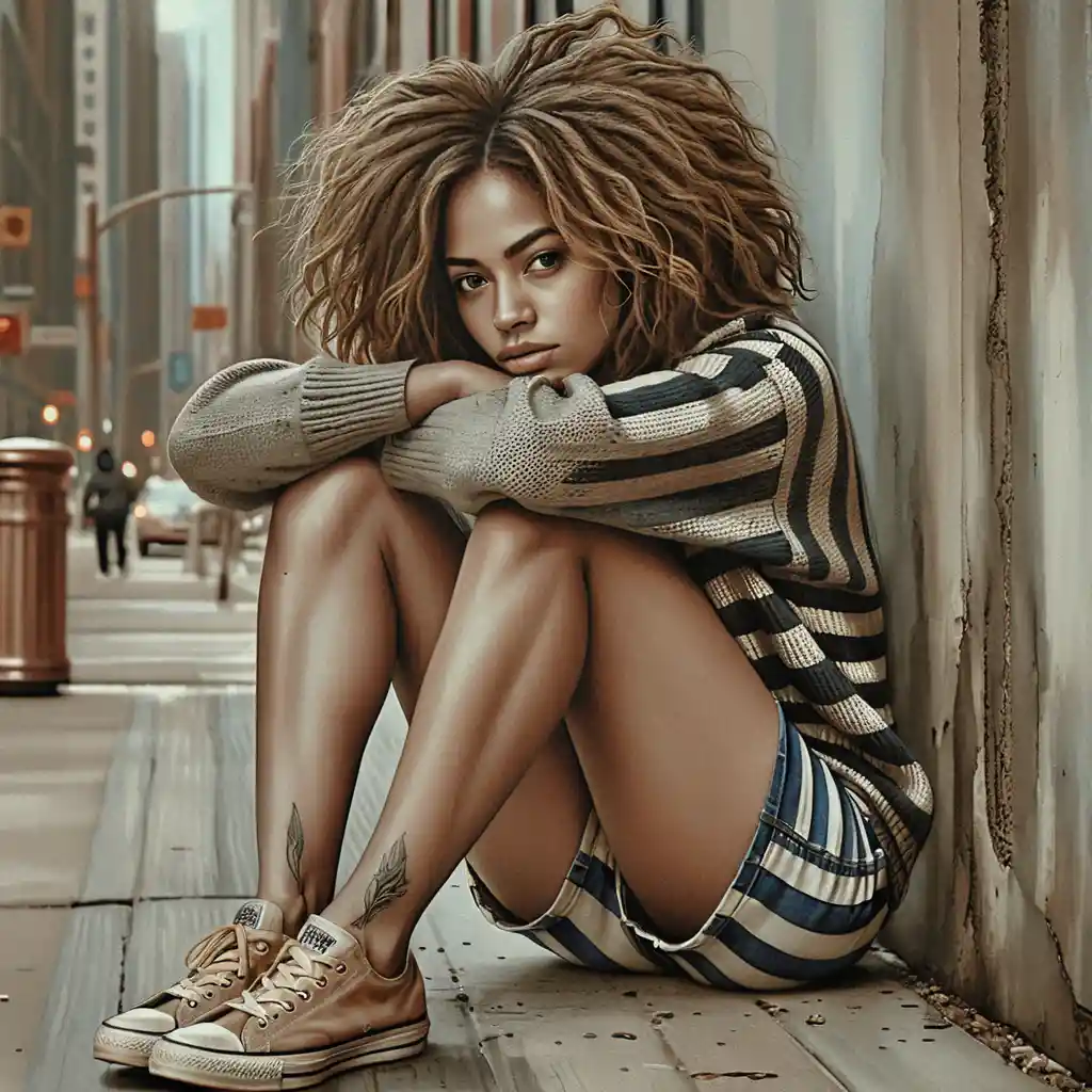 Jovem sentada junto a um muro envelhecido da cidade