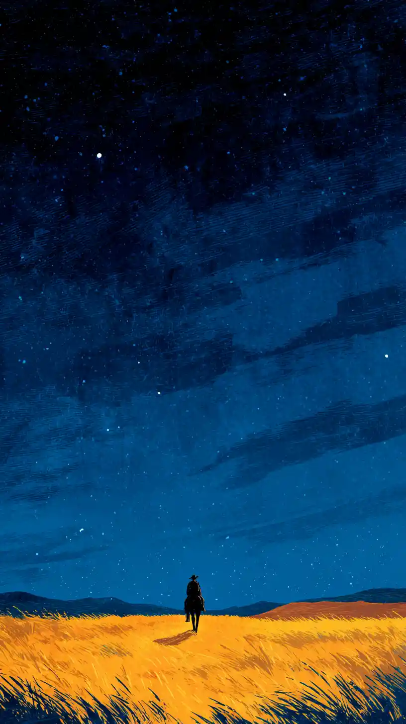 Traveler and horse in silhouette under a vast starry sky