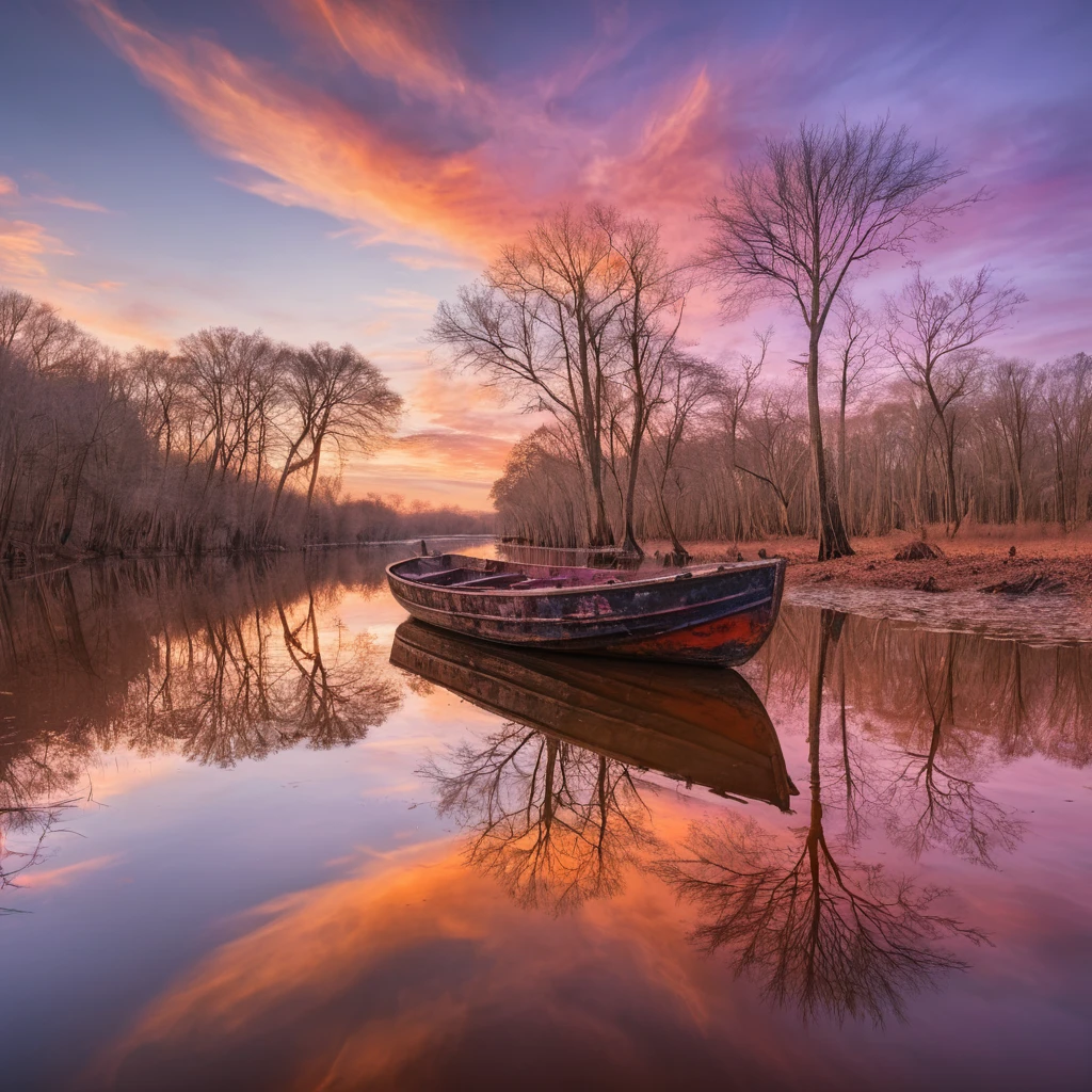 Bateau Abandonné sur l’Orénoque au Coucher de Soleil Coloré