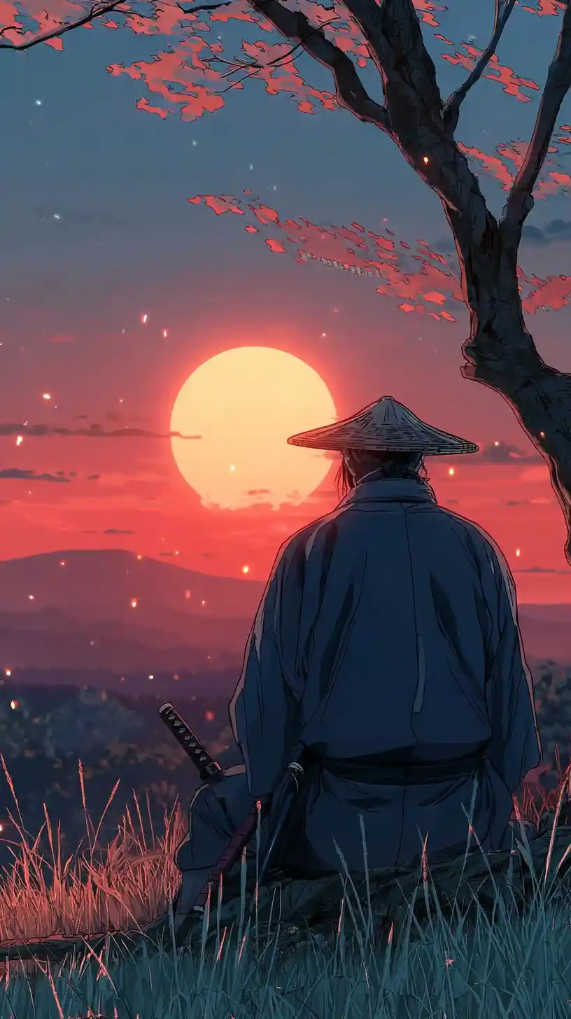 Silhueta de Samurai Descansando em uma Encosta ao Pôr do Sol