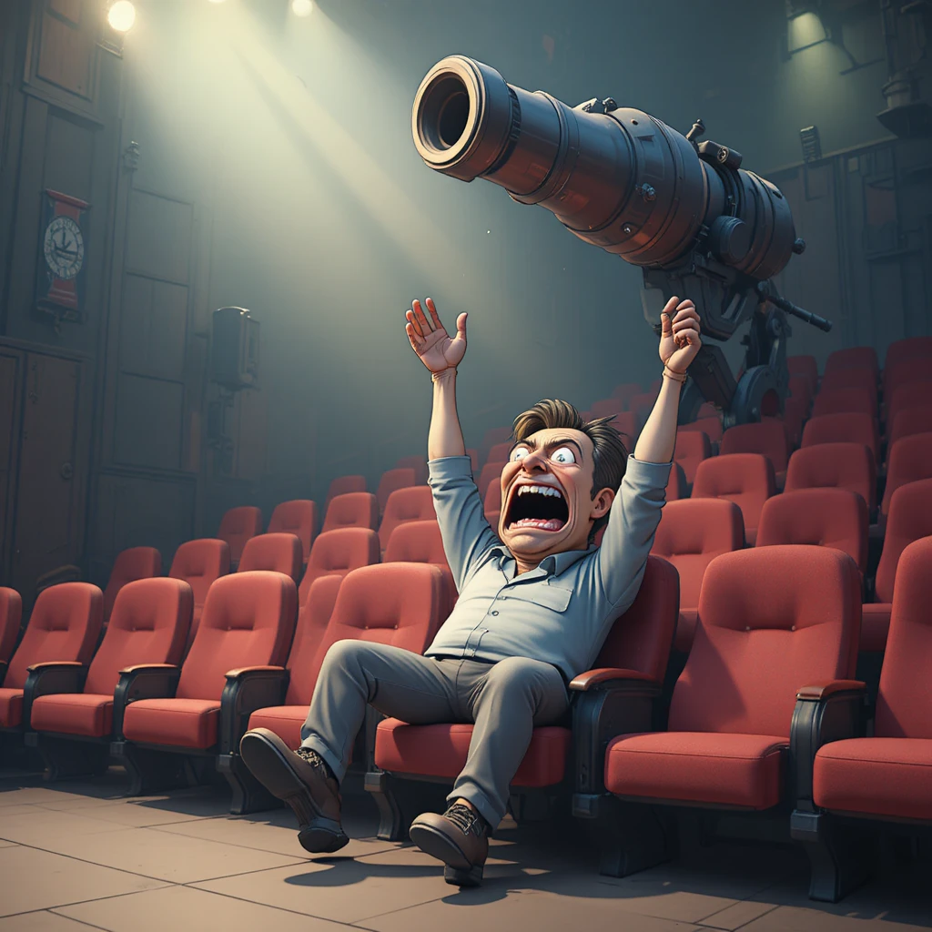 Terrified Cartoon Man Under Giant Cannon In Theater