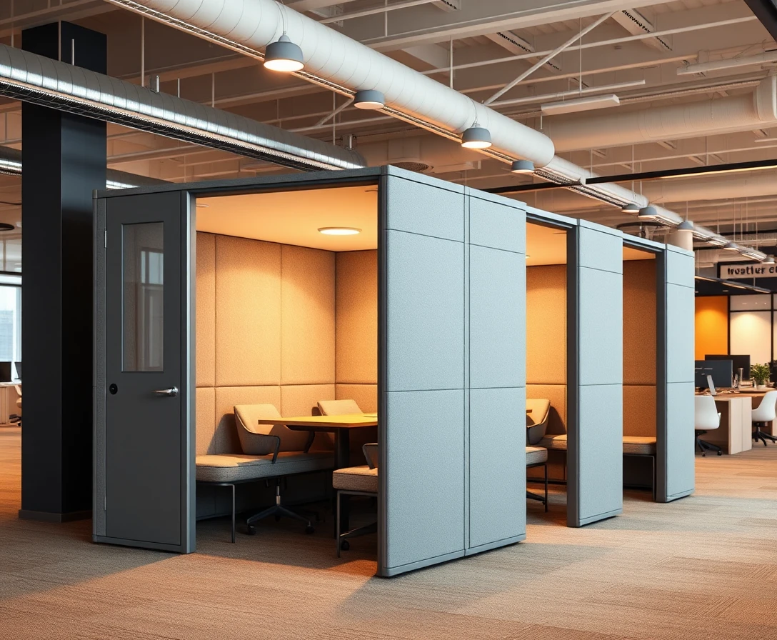 Modular acoustic office pods in a warm open plan workspace