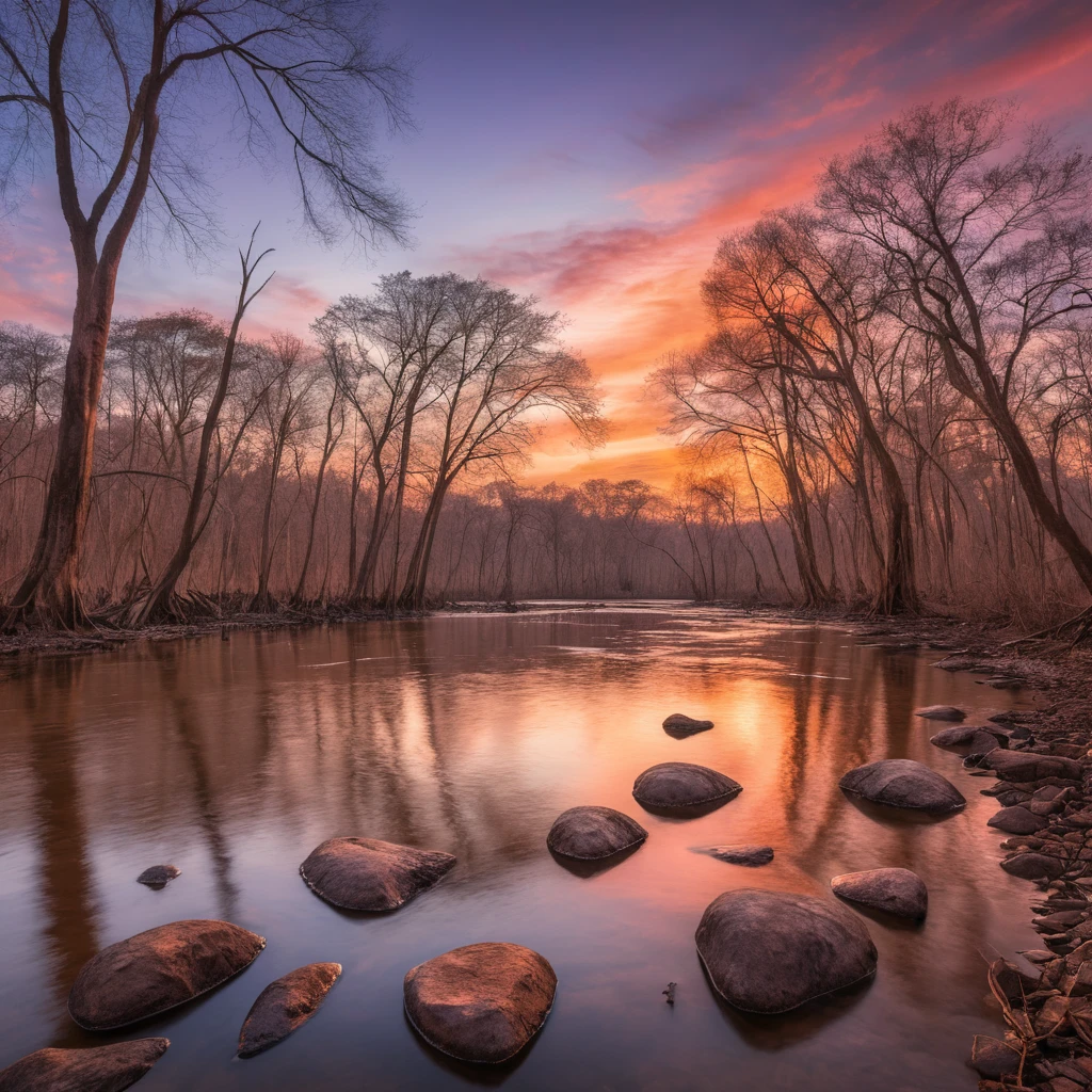Coucher de soleil serein sur le fleuve Orénoque avec arbres dénudés et rochers