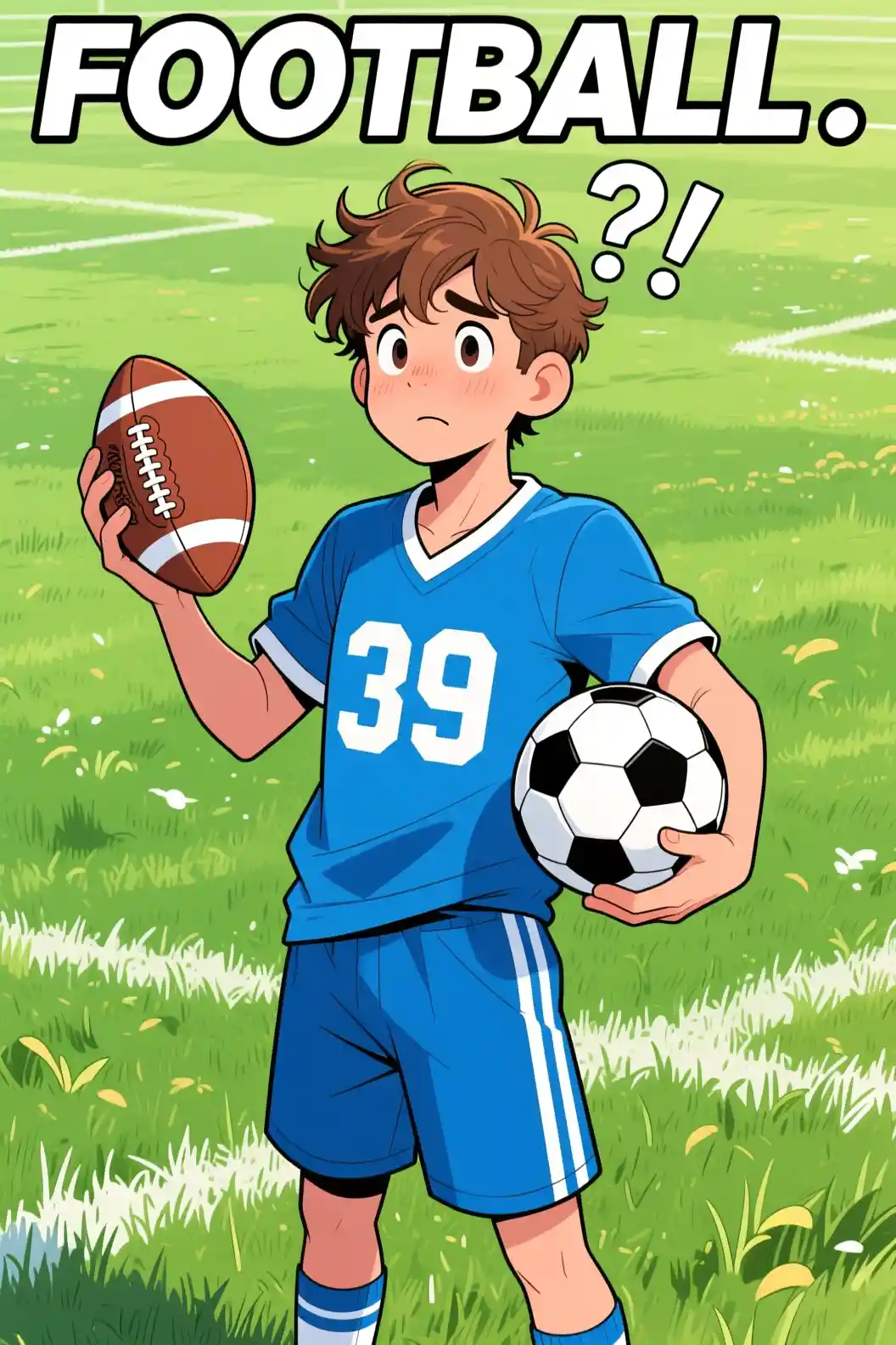 Confused young man holding football and soccer ball outdoors
