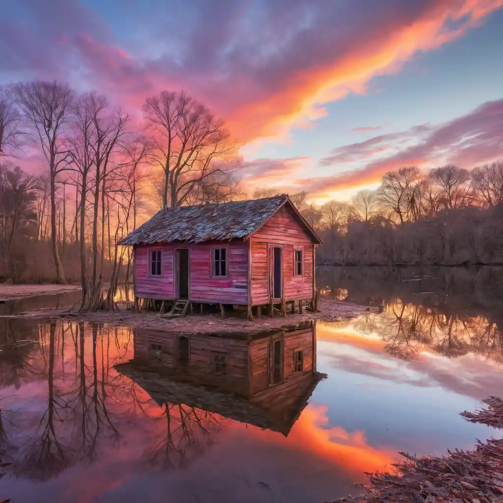 Lagoa serena ao pôr do sol com cabana abandonada e árvores refletidas