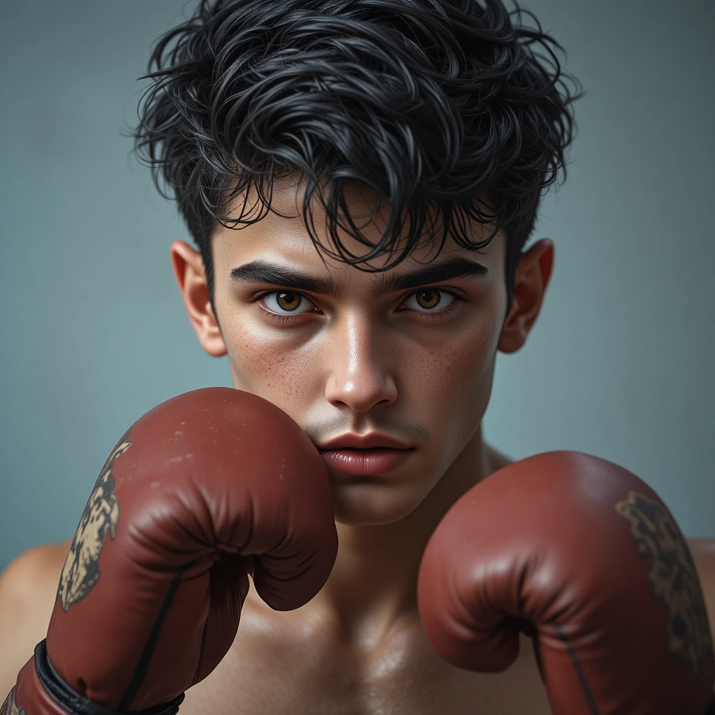 Joven boxeador con postura enfocada y mirada decidida