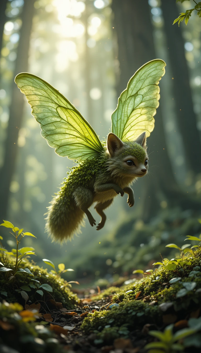 Renard esprit de la forêt aux ailes de feuilles flottant dans une lumière douce