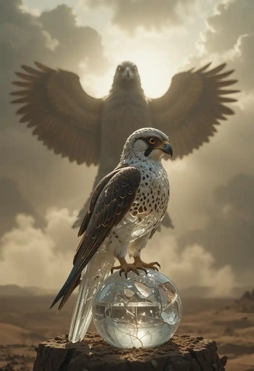 Glass falcon under looming eagle shadow in desert storm