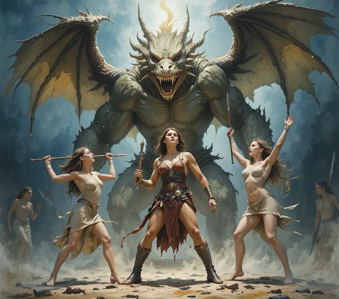 Muscular warrior woman facing a fire breathing winged monster