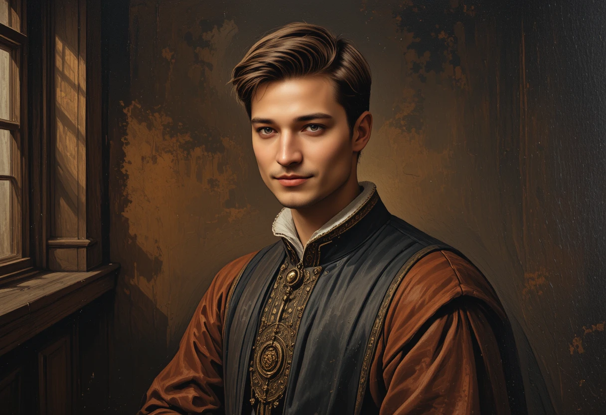 Portrait à l’huile de style Renaissance d’un jeune homme contemplatif