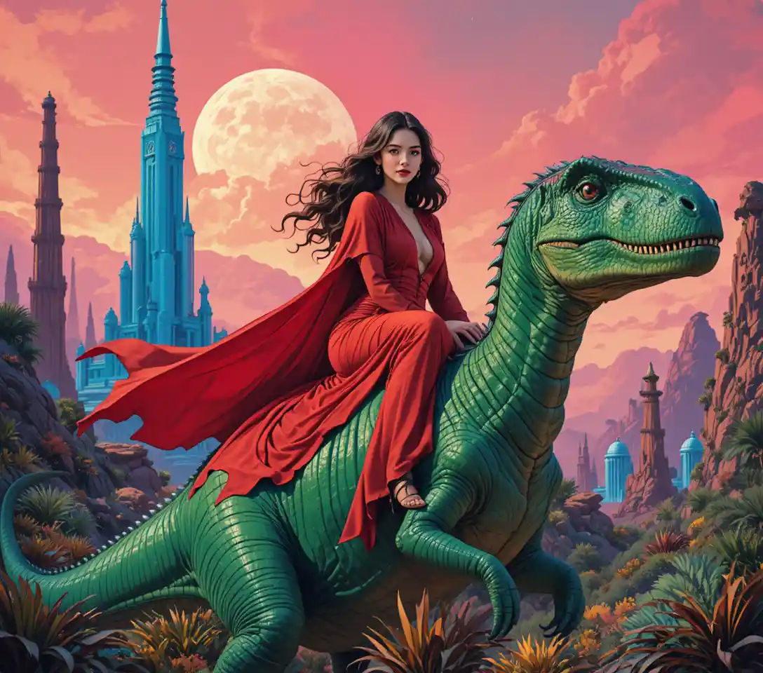 Woman riding a green dinosaur in an alien fantasy world
