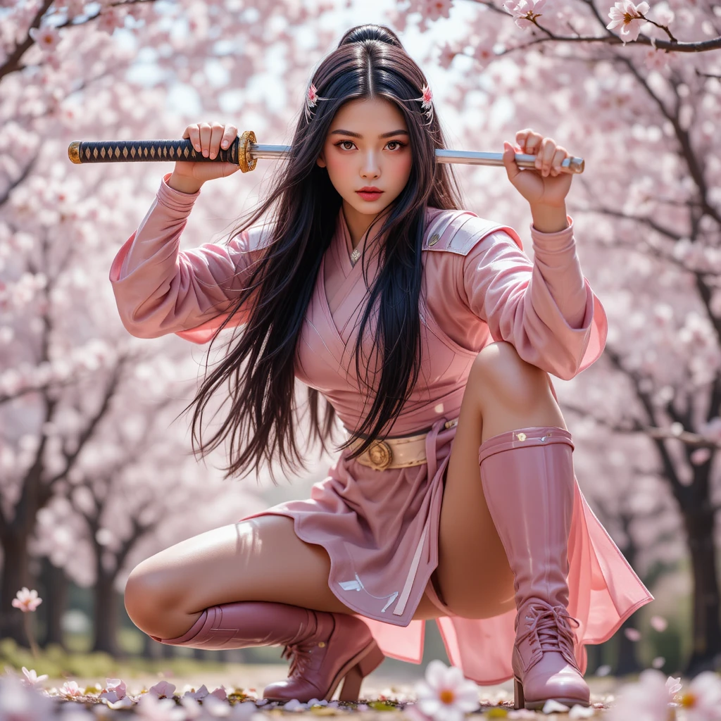 Japanese woman warrior in pink armor beneath cherry blossoms