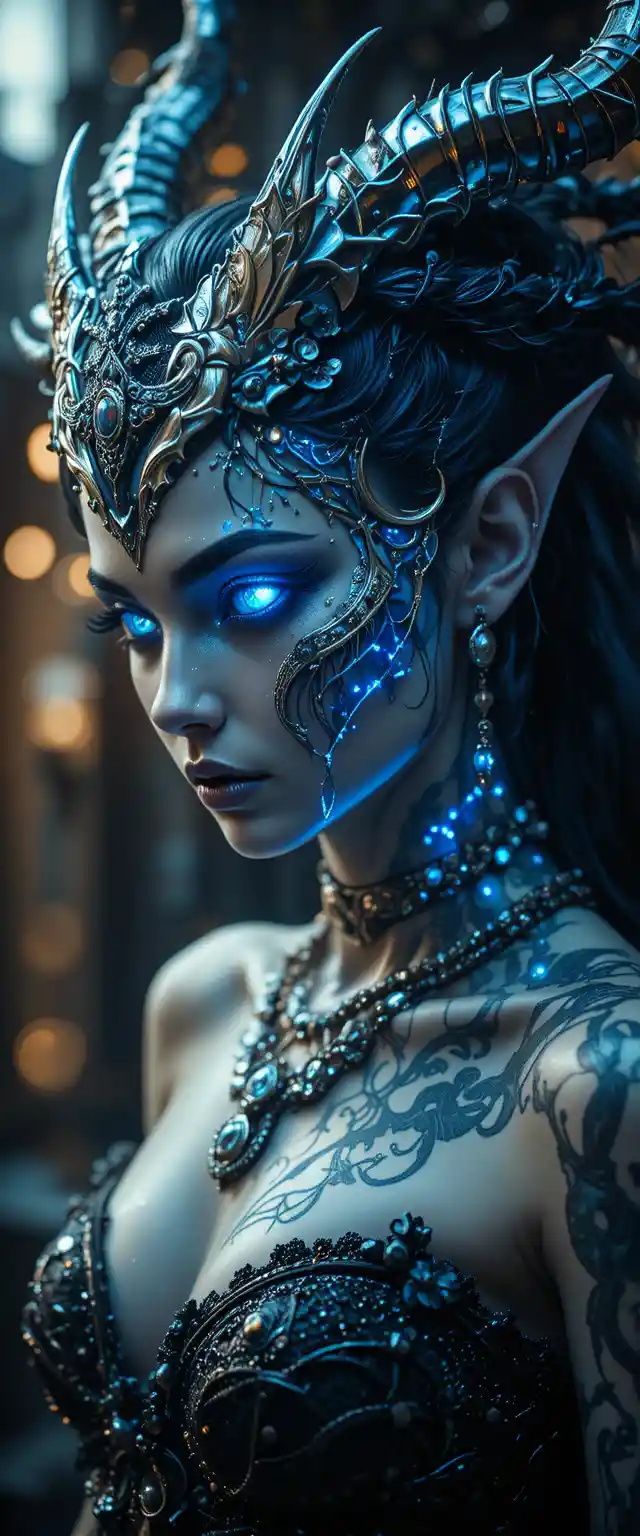 Cinematic portrait of a silver female demon sculpture
