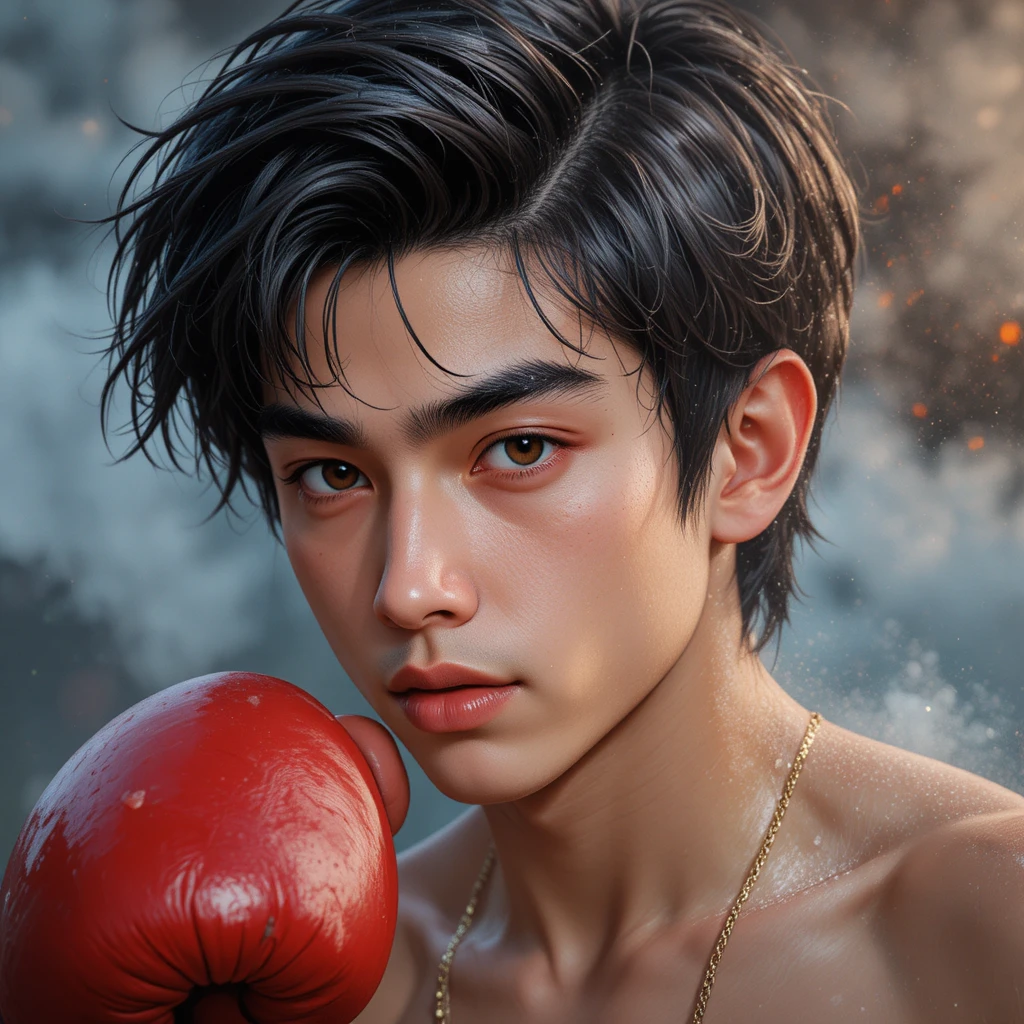 Young man with dark hair boxing in a dynamic pose