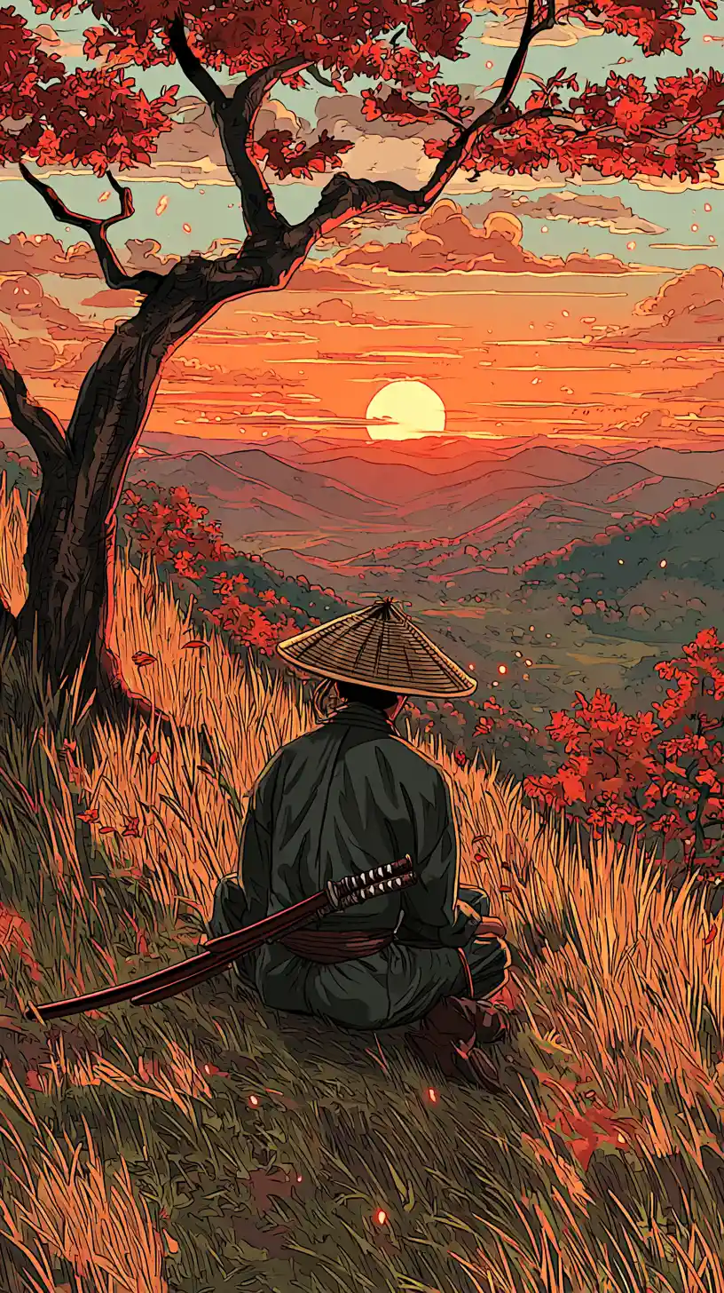 Lone samurai resting on a hillside at red sunset