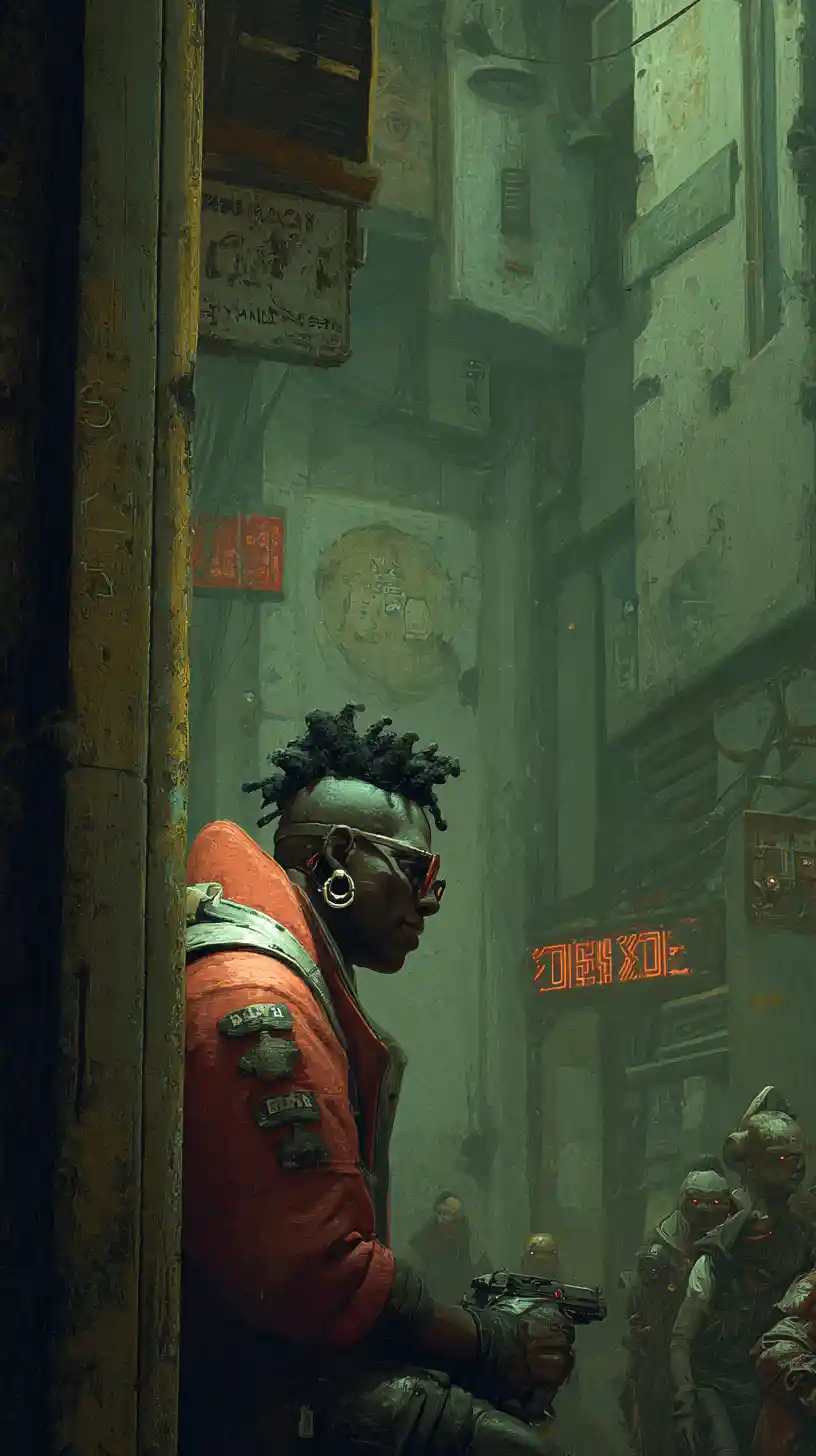 Afrofuturistischer Gangster, der in einer nassen Gasse überraschend zuschlägt