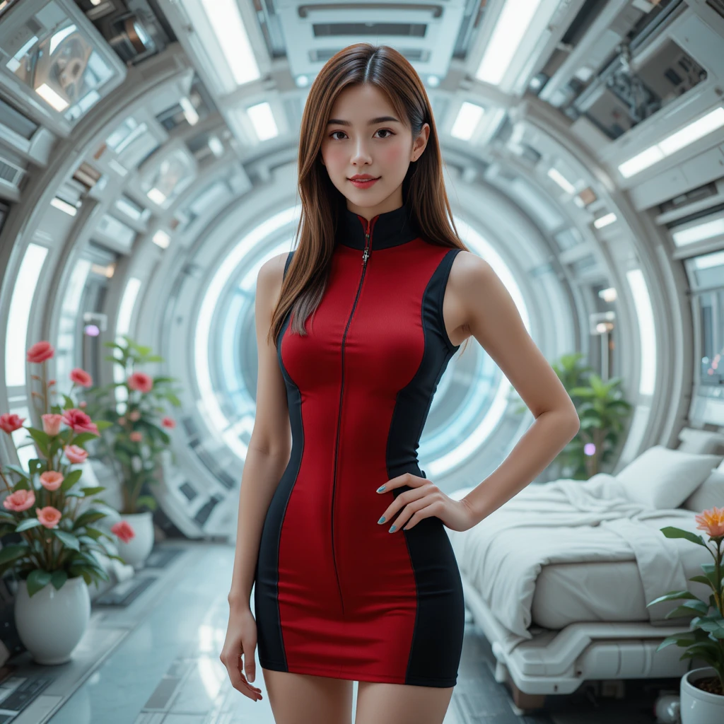 Mulher japonesa em quarto de estação espacial sci-fi