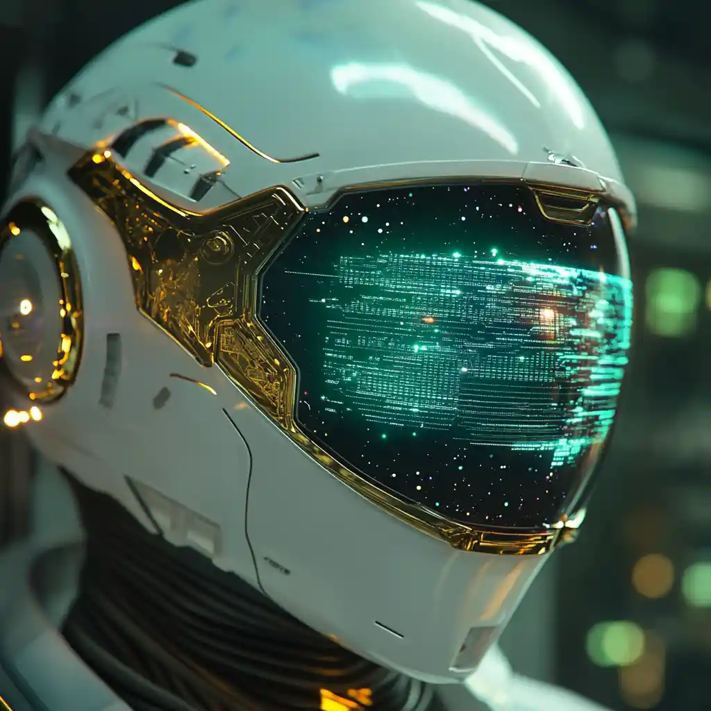 Gros plan extrême sur un casque de pilote futuriste avec HUD holographique