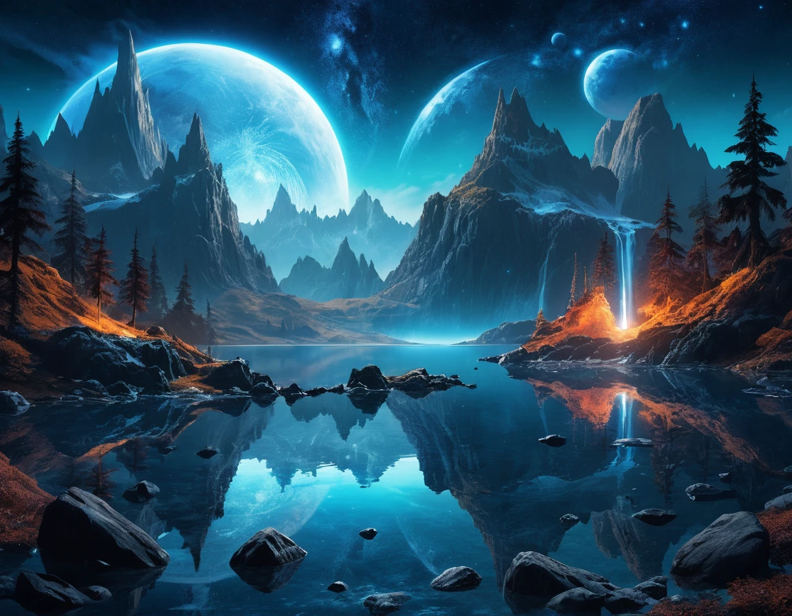Planeta azul mágico sobre montanhas pontiagudas e lago calmo