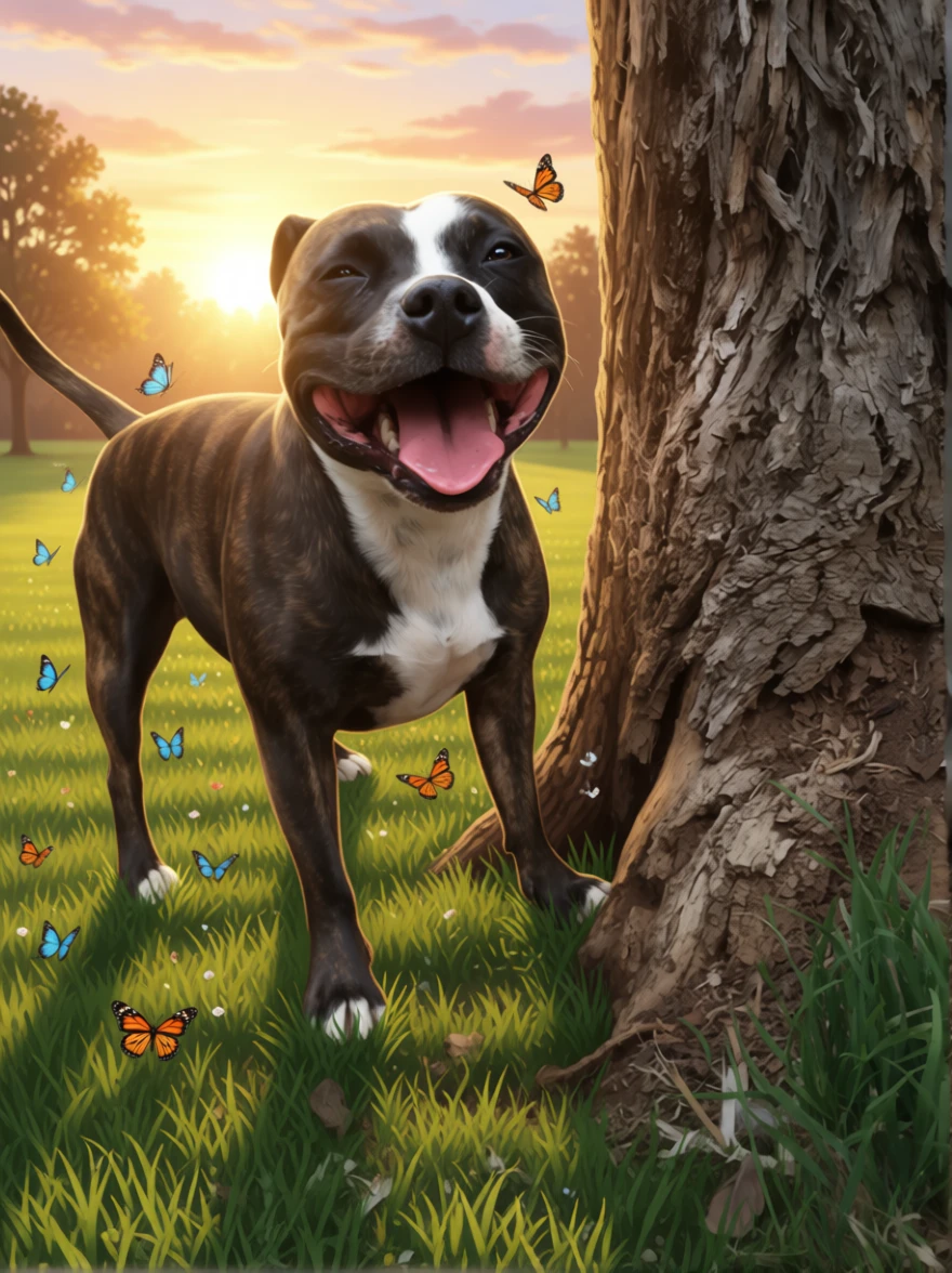 Cão staffy tigrado e branco ao nascer do sol em um parque
