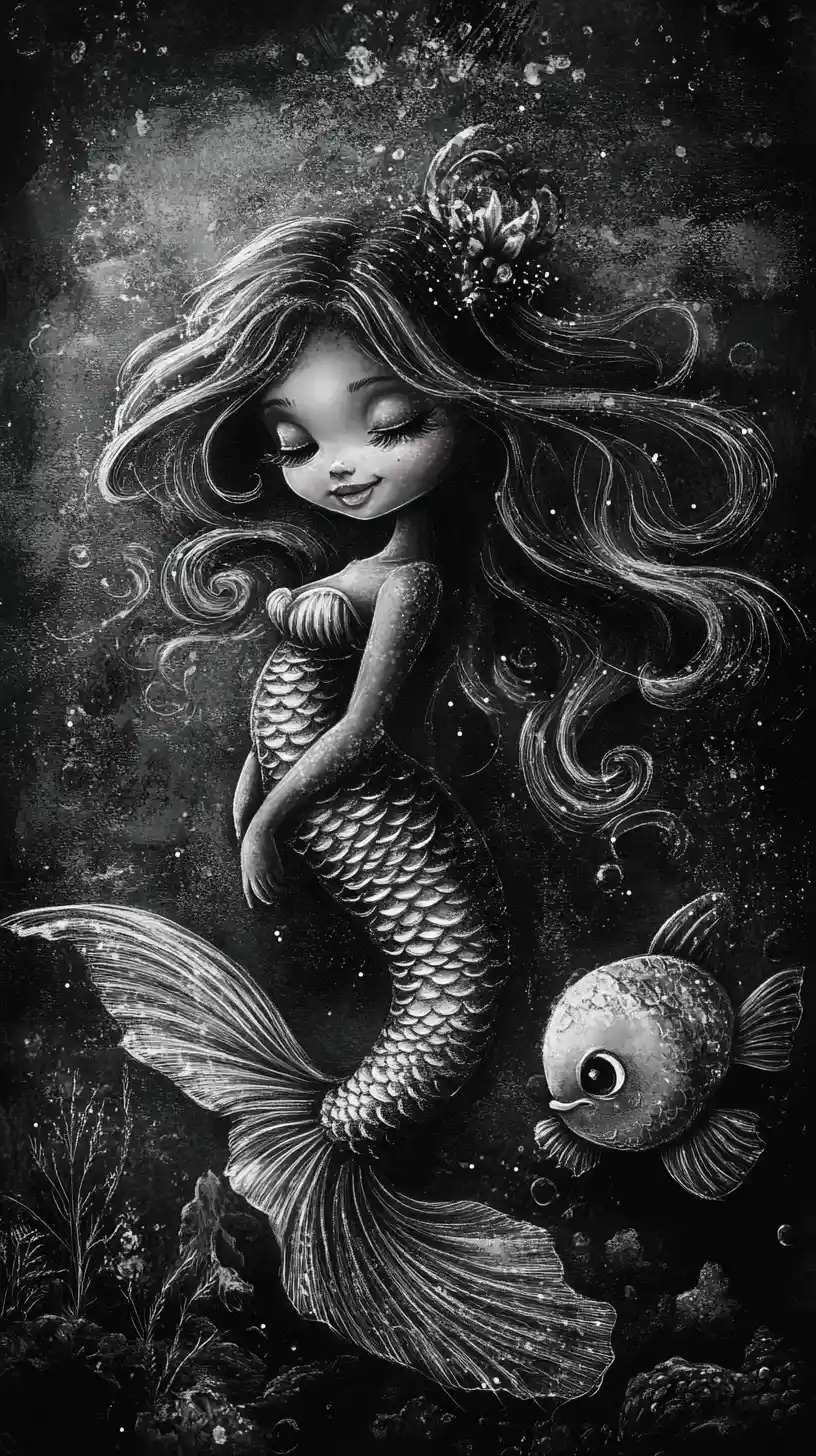 Ritratto a carboncino di una sirena amichevole con pesce compagno