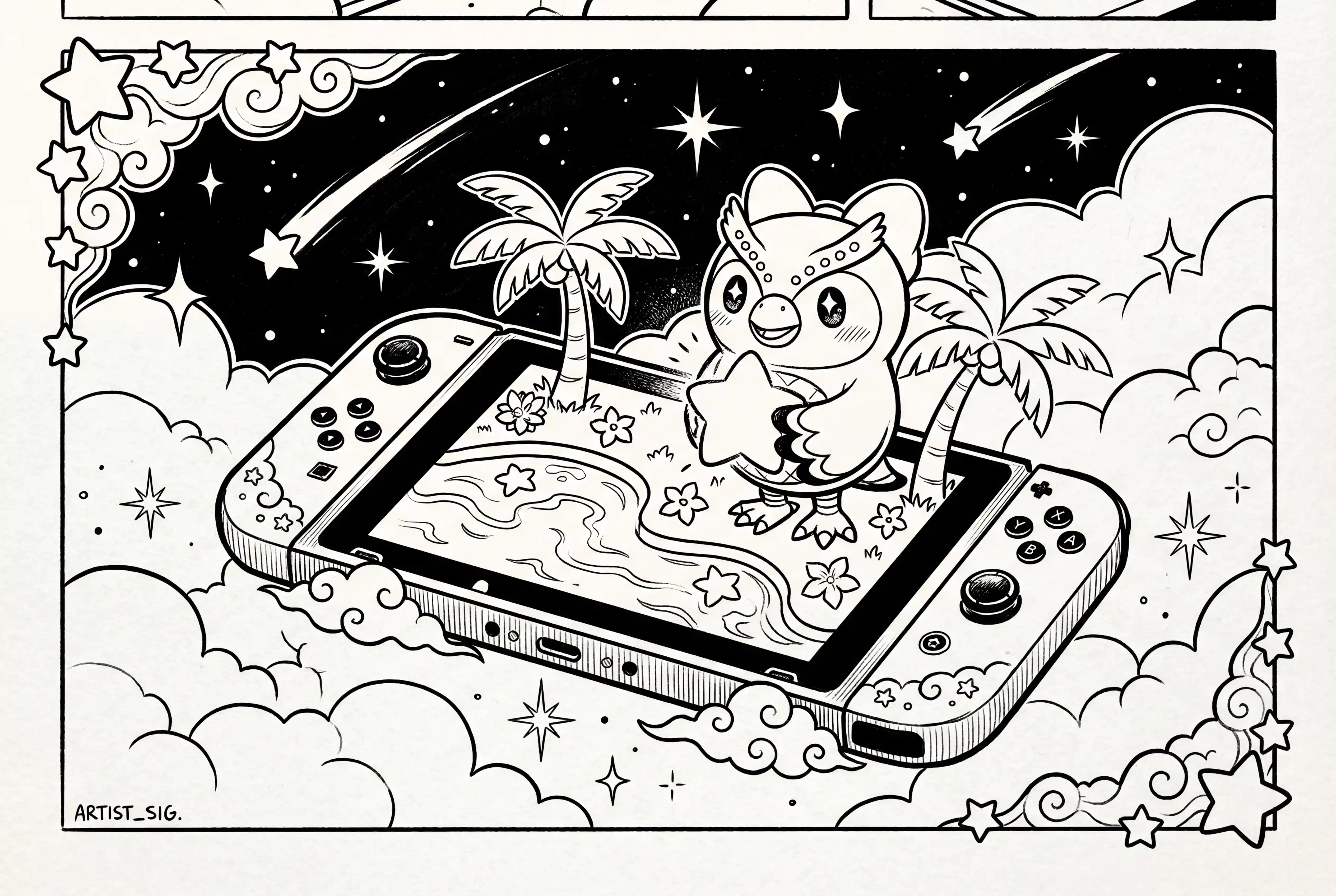 Whimsical owl on floating nintendo switch island illustration