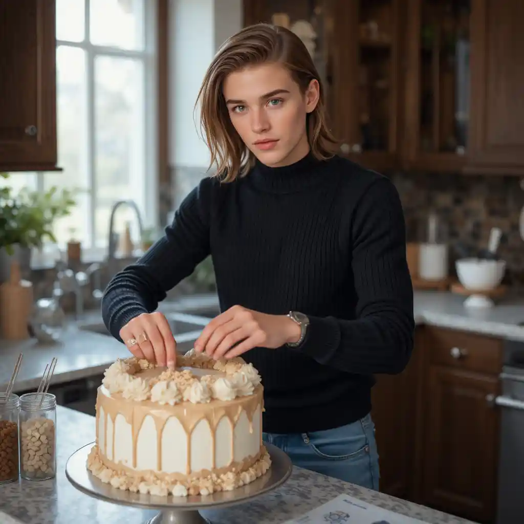 Young man decorating a cake in a modern kitchen