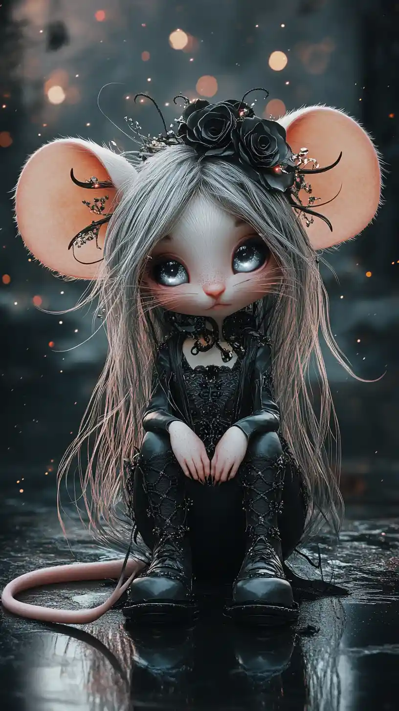 Cute gothic fantasy mouse under a glowing night sky