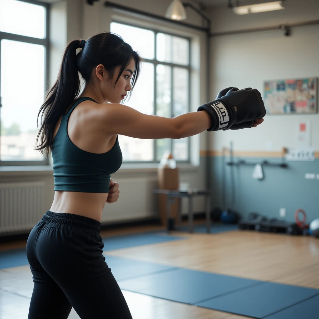 Junge Frau boxt im Fitnessstudio in dunkler Sportkleidung