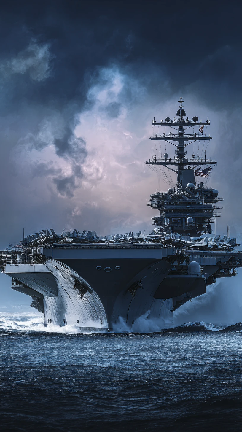 Porte-avions américain en mer sous le drapeau des États-Unis