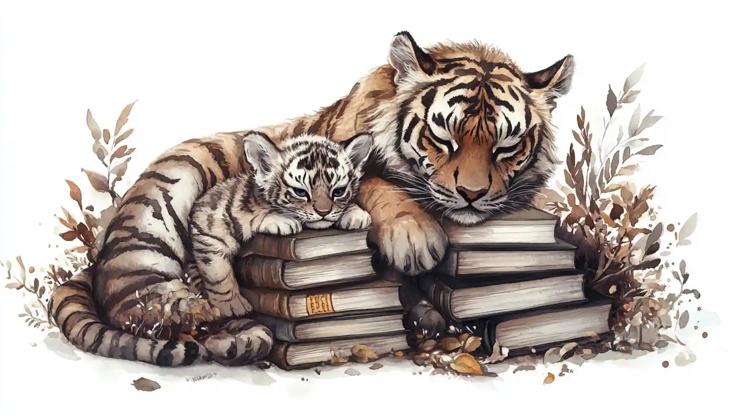 Tigre en acuarela de ensueño con su cachorro junto a libros apilados